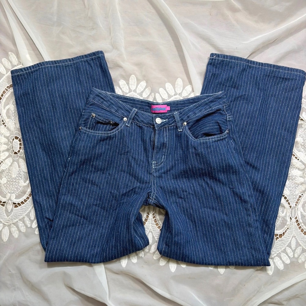 Edikted Pinstripe Denim Jeans Blue White Wide Leg Y2K Trousers Size S